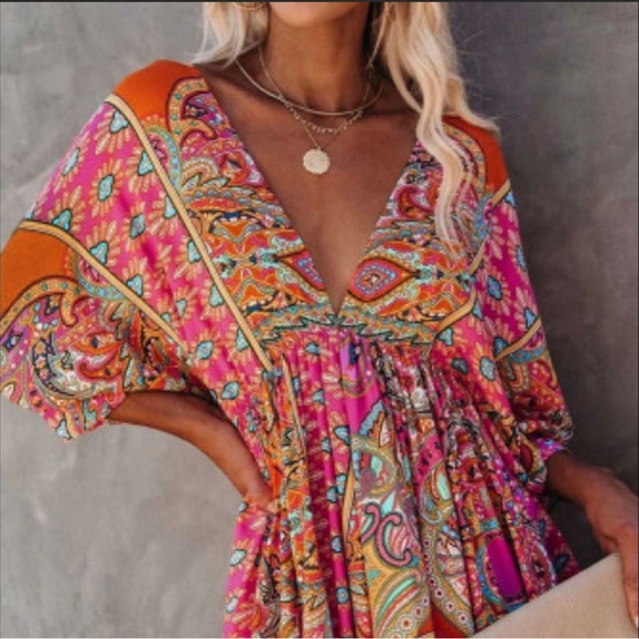 Bohemian Babydoll Mini Dress ~ Bright & Beautiful - Picture 3 of 7